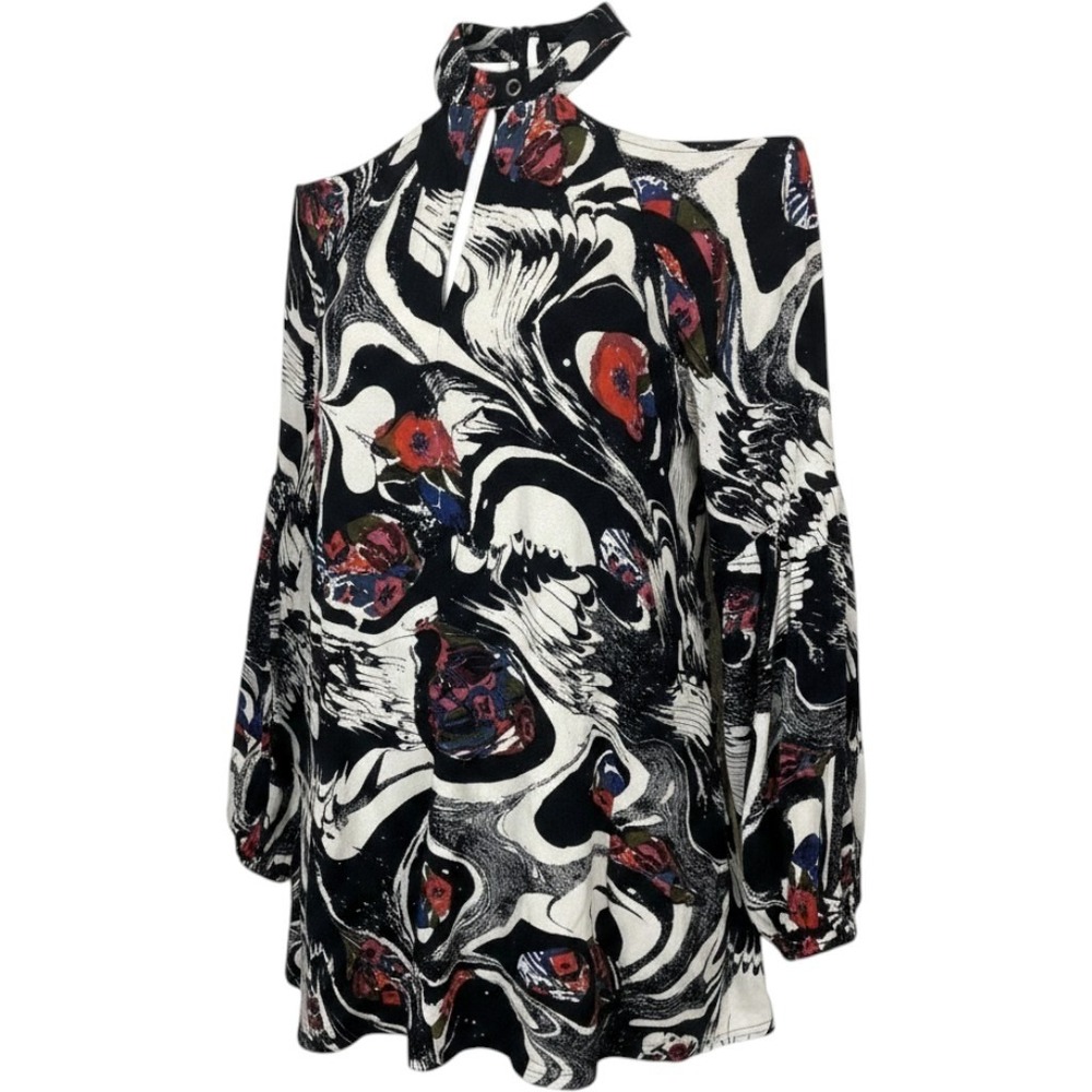 Free People Womens Cold Shoulder Tunic Top Abstract Floral Black Red Small